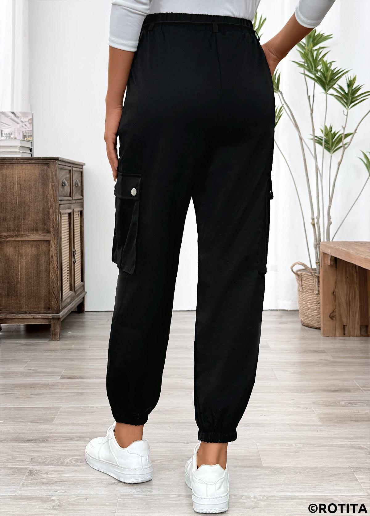 Black bottoms,Plain Color bottoms,Pocket Black Jogger Elastic Waist High Waisted Pants