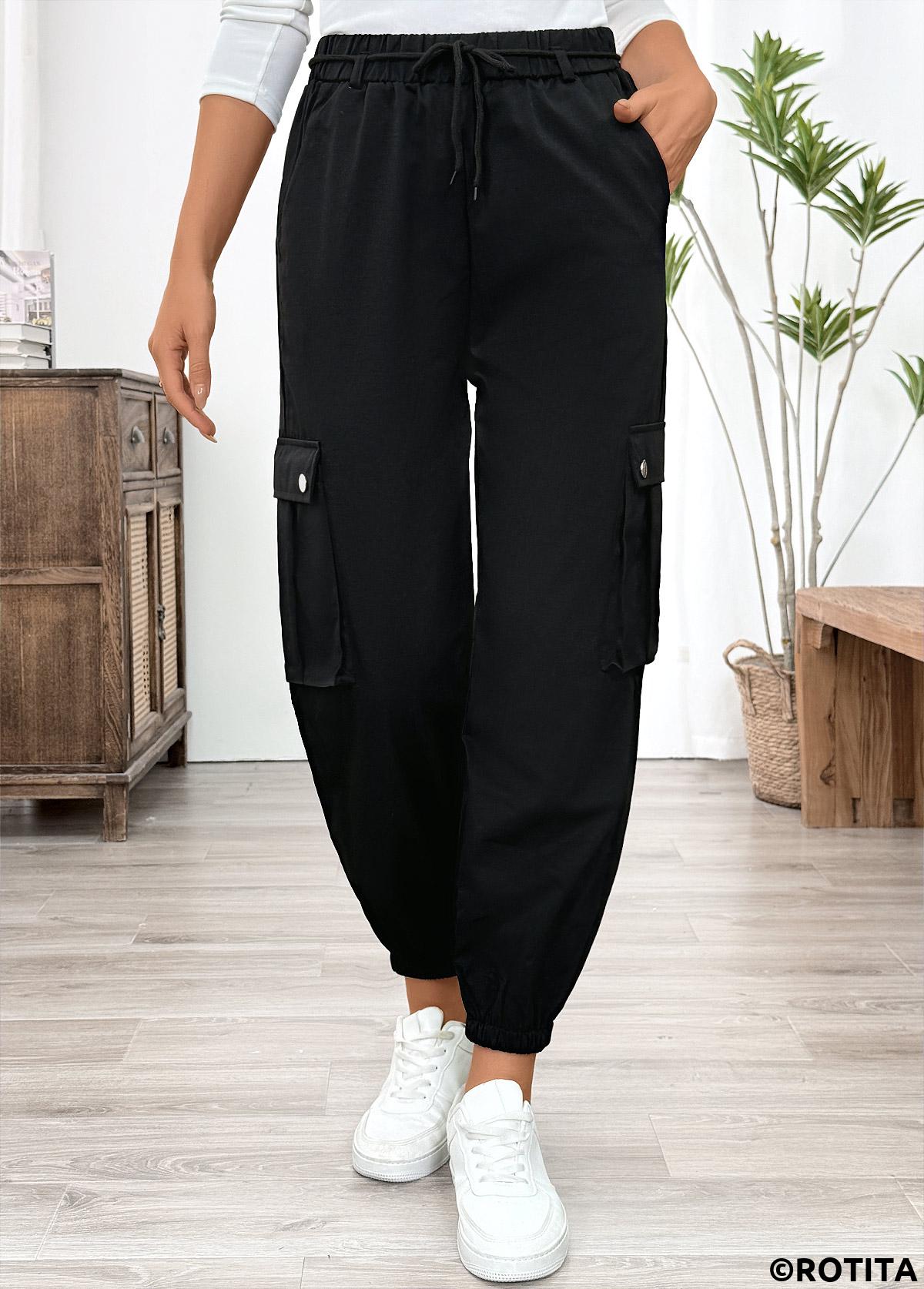 Black bottoms,Plain Color bottoms,Pocket Black Jogger Elastic Waist High Waisted Pants