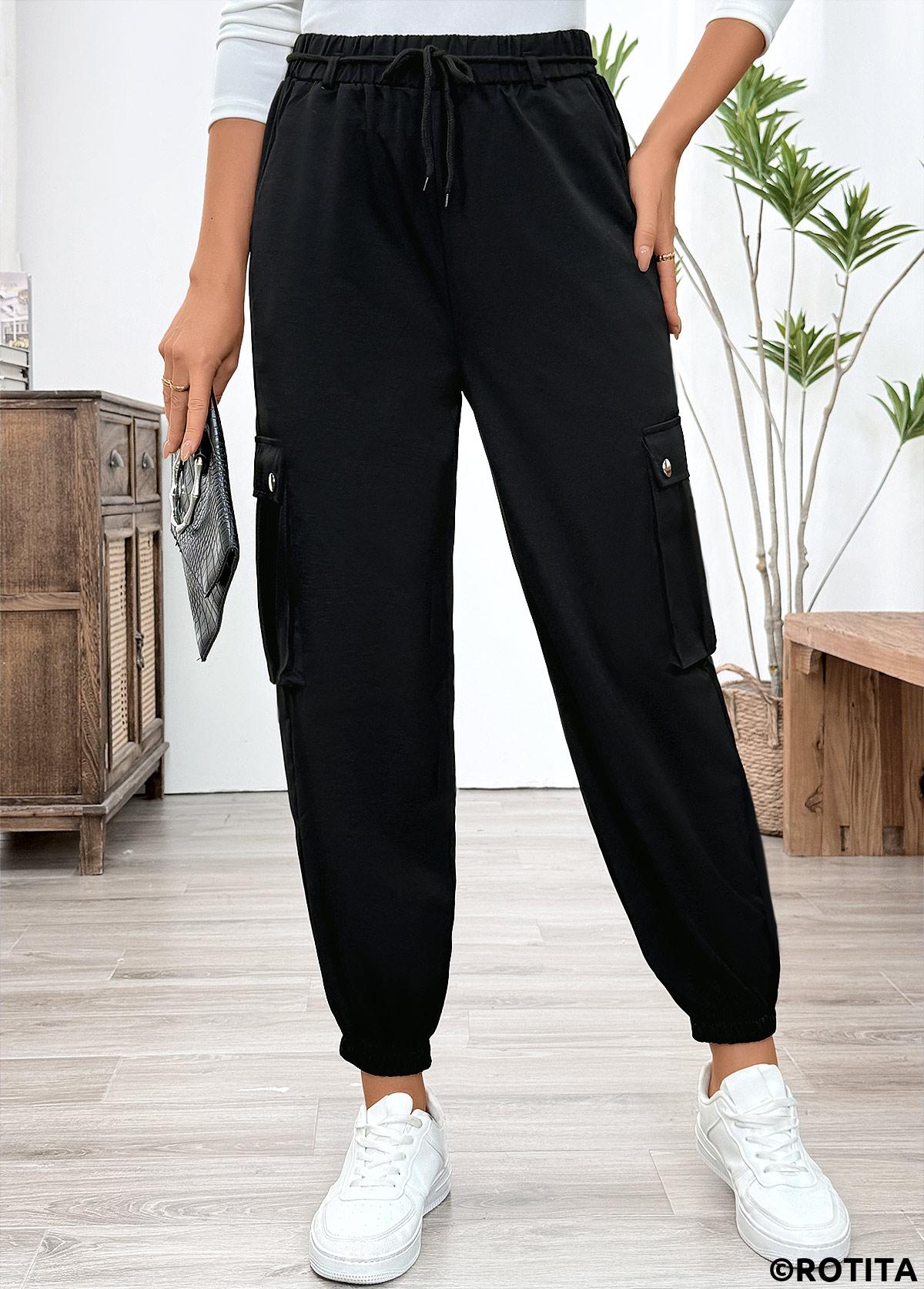 Black bottoms,Plain Color bottoms,Pocket Black Jogger Elastic Waist High Waisted Pants