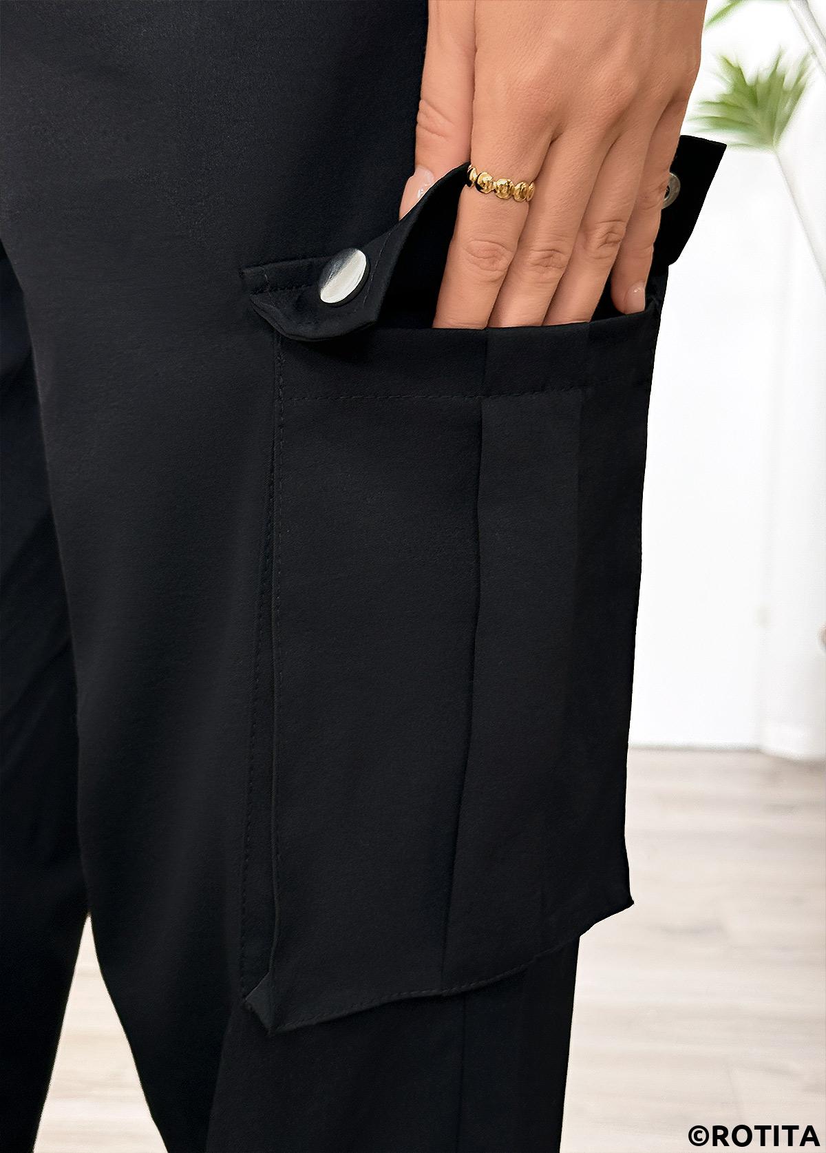 Black bottoms,Plain Color bottoms,Pocket Black Jogger Elastic Waist High Waisted Pants