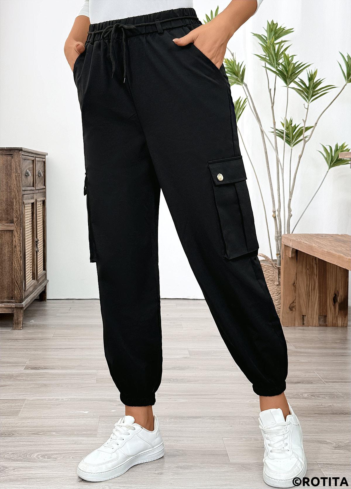 Black bottoms,Plain Color bottoms,Pocket Black Jogger Elastic Waist High Waisted Pants