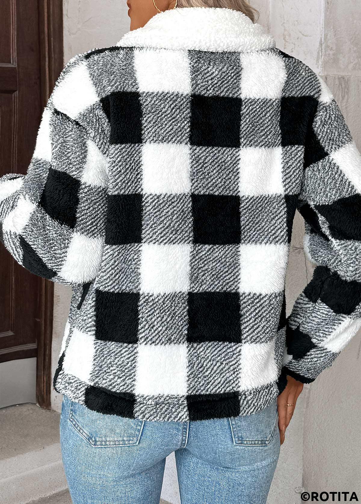 Black tops,Plaid tops,Geometric tops,Tummy Coverage Plaid Black Turn Down Collar Coat