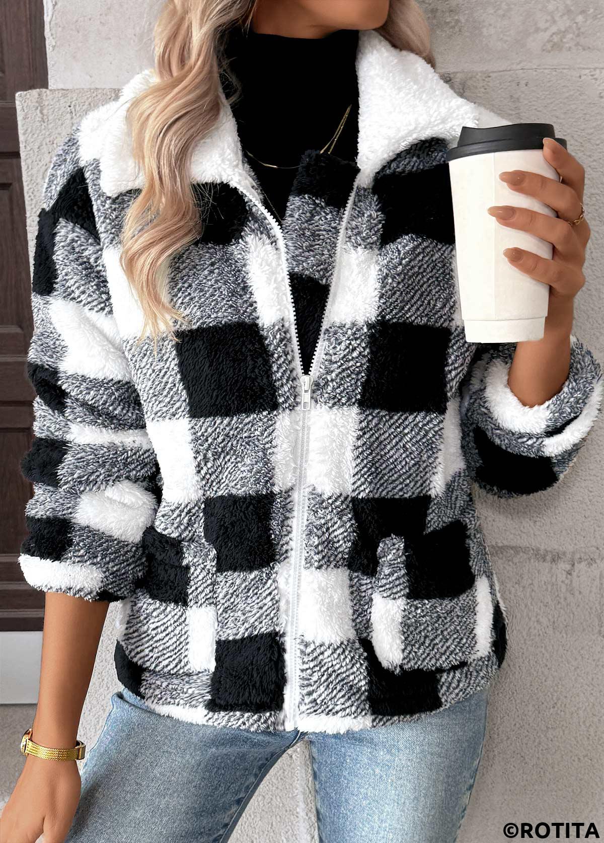 Black tops,Plaid tops,Geometric tops,Tummy Coverage Plaid Black Turn Down Collar Coat