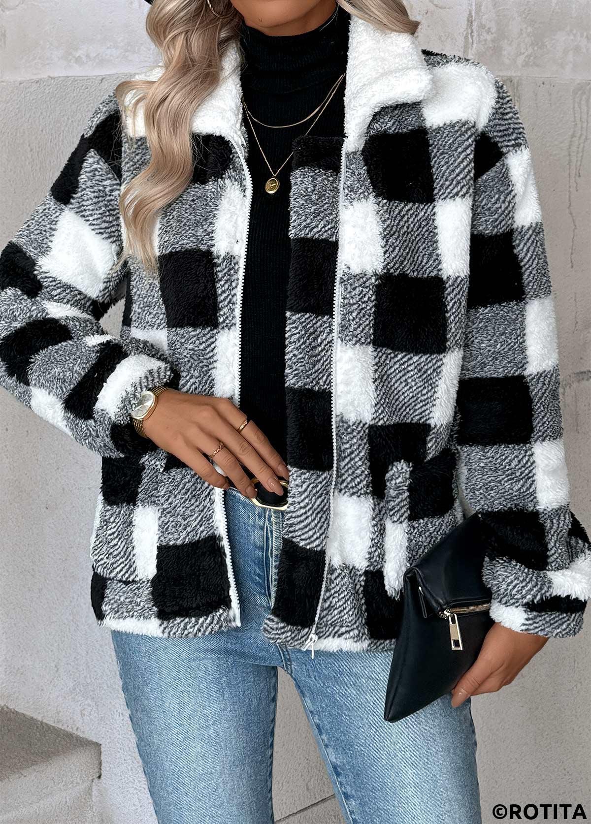 Black tops,Plaid tops,Geometric tops,Tummy Coverage Plaid Black Turn Down Collar Coat