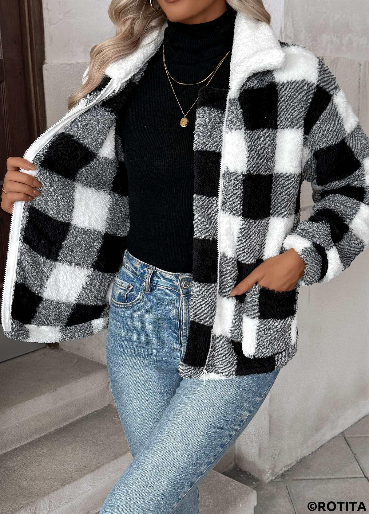 Black tops,Plaid tops,Geometric tops,Tummy Coverage Plaid Black Turn Down Collar Coat