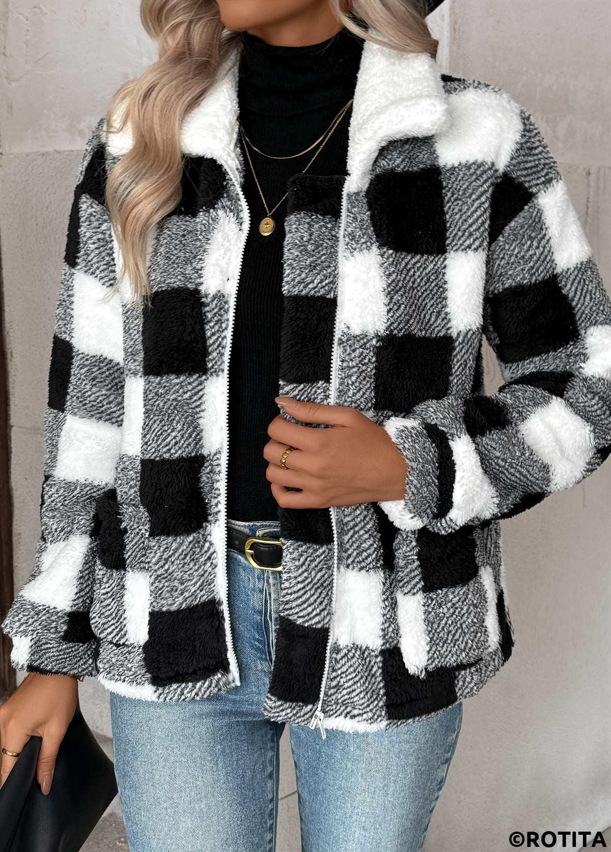 Black tops,Plaid tops,Geometric tops,Tummy Coverage Plaid Black Turn Down Collar Coat