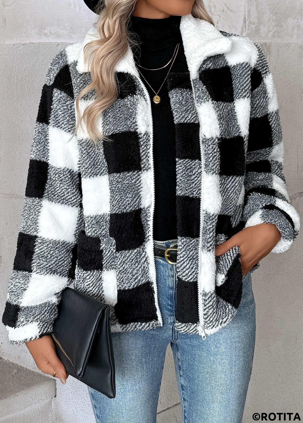 Black tops,Plaid tops,Geometric tops,Tummy Coverage Plaid Black Turn Down Collar Coat