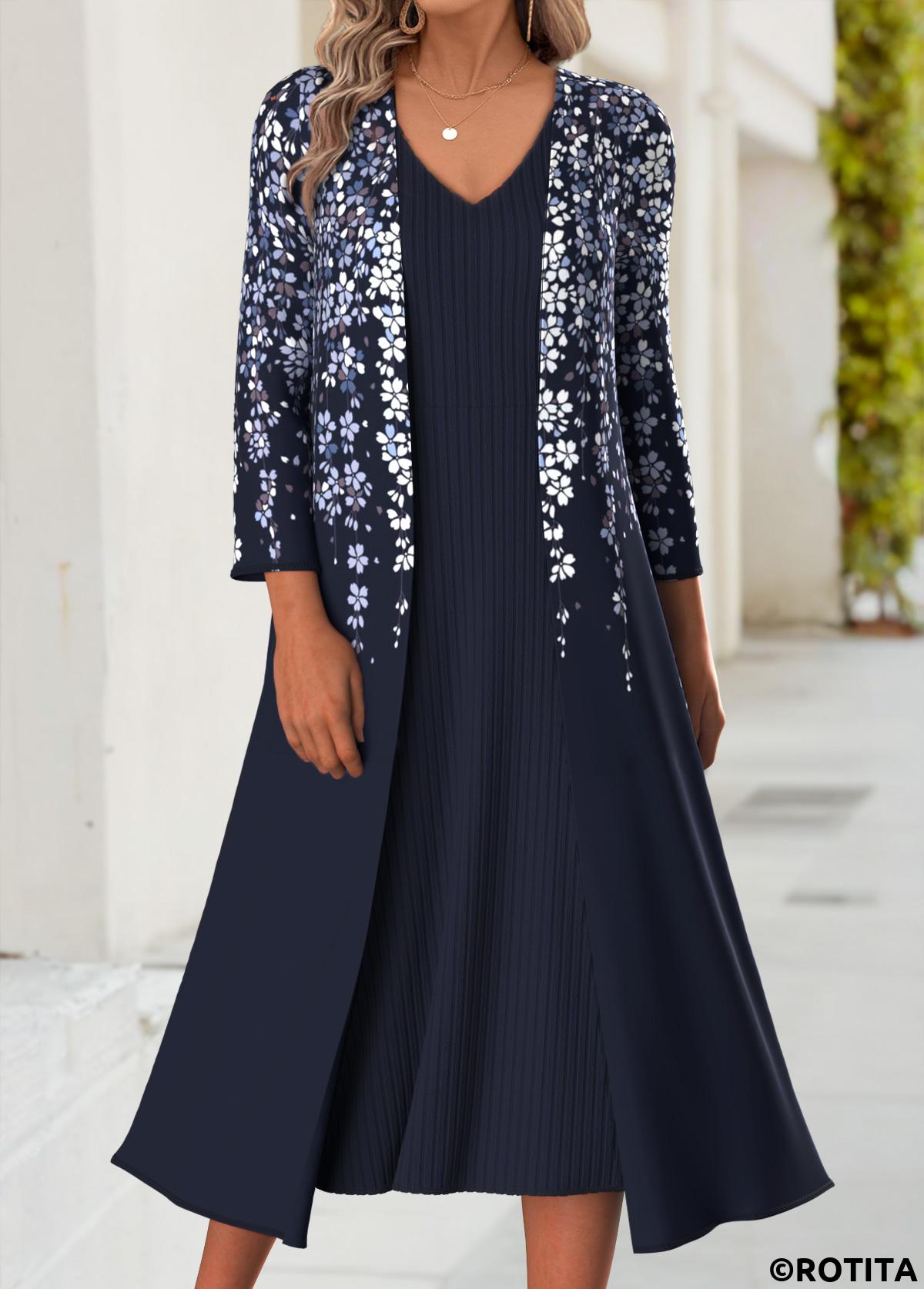 Navy dresses,Floral dresses,Plants dresses,Everyday dresses,Casual dresses,ROTITA Tummy Coverage Floral Print Dark Blue Dress and Cardigan