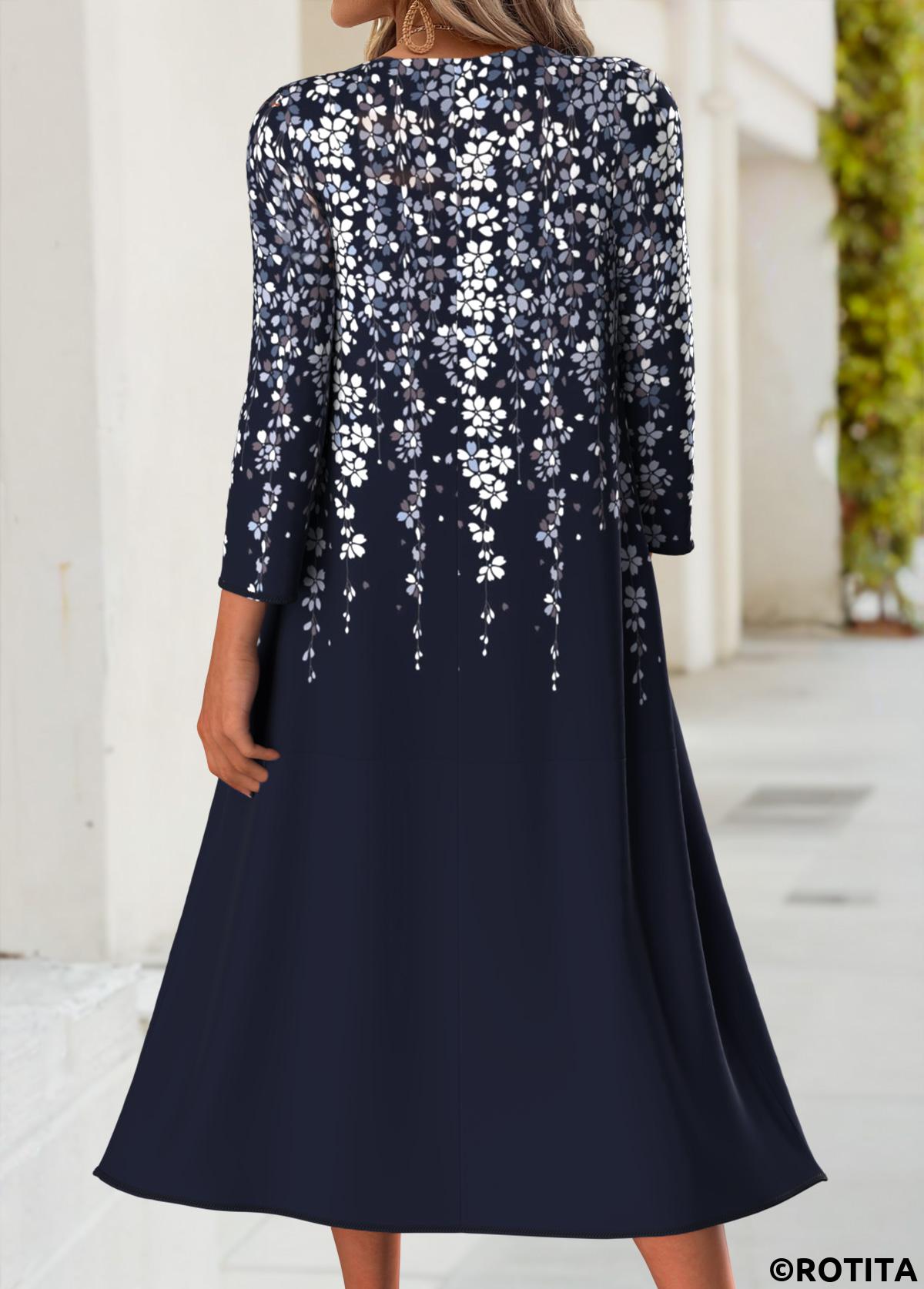 Navy dresses,Floral dresses,Plants dresses,Everyday dresses,Casual dresses,ROTITA Tummy Coverage Floral Print Dark Blue Dress and Cardigan