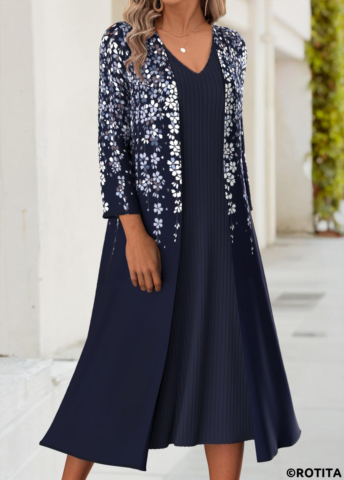Navy dresses,Floral dresses,Plants dresses,Everyday dresses,Casual dresses,ROTITA Tummy Coverage Floral Print Dark Blue Dress and Cardigan