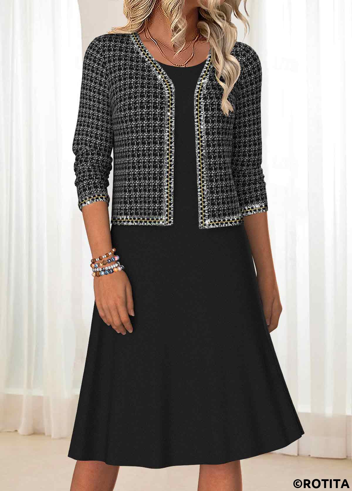 Black dresses,Plaid dresses,Geometric dresses,Everyday dresses,Casual dresses,ROTITA Tummy Coverage Plaid Black Round Neck Dress and Cardigan