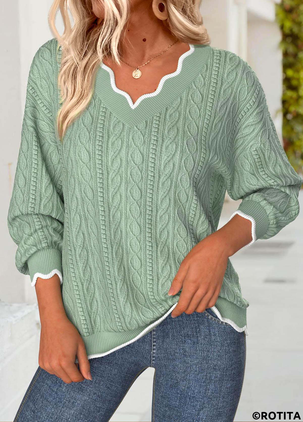 Sage Green tops,Contrast Color tops,ROTITA Scalloped Hem Sage Green V Neck Long Sleeve Sweatshirt