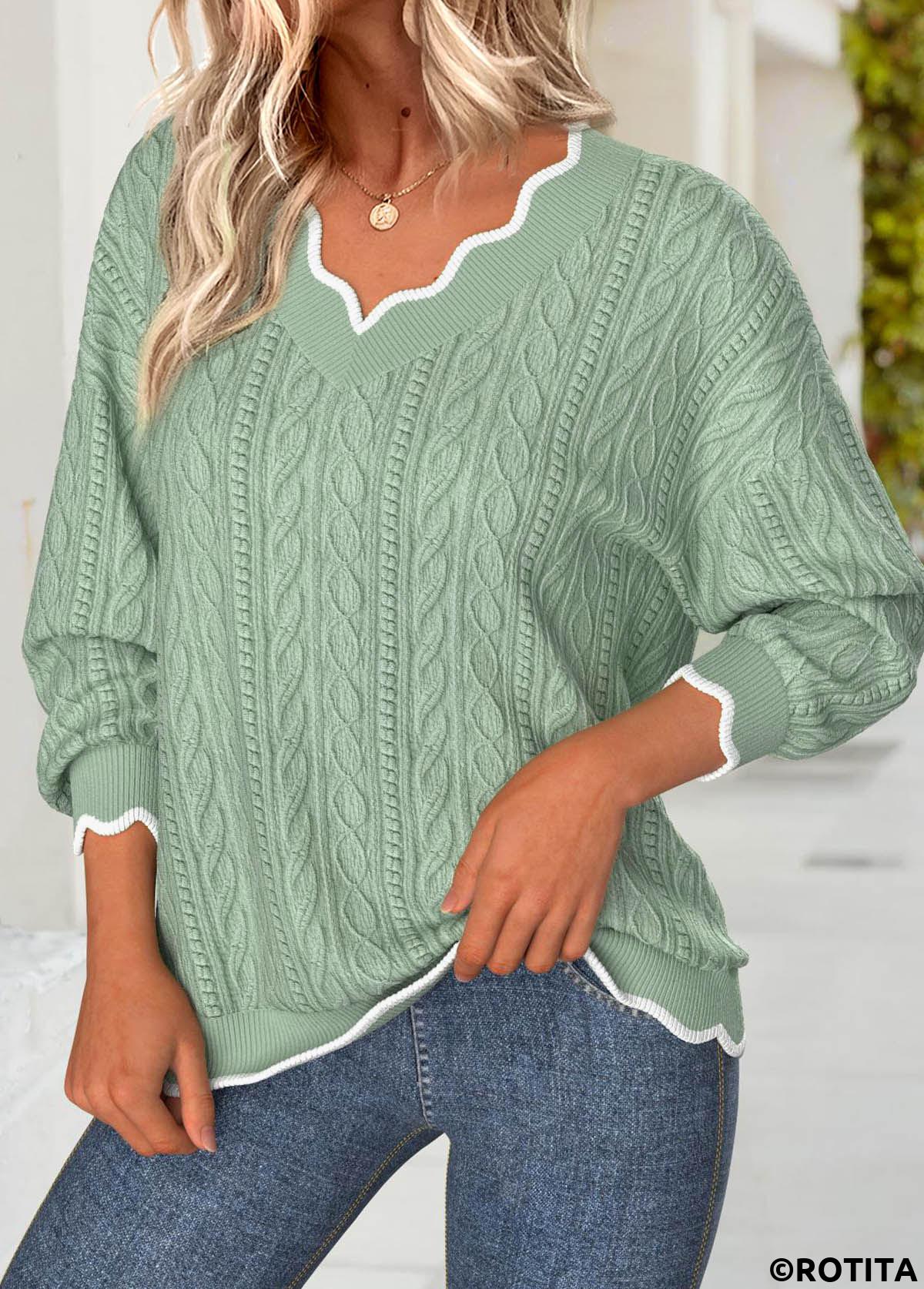 Sage Green tops,Contrast Color tops,ROTITA Scalloped Hem Sage Green V Neck Long Sleeve Sweatshirt