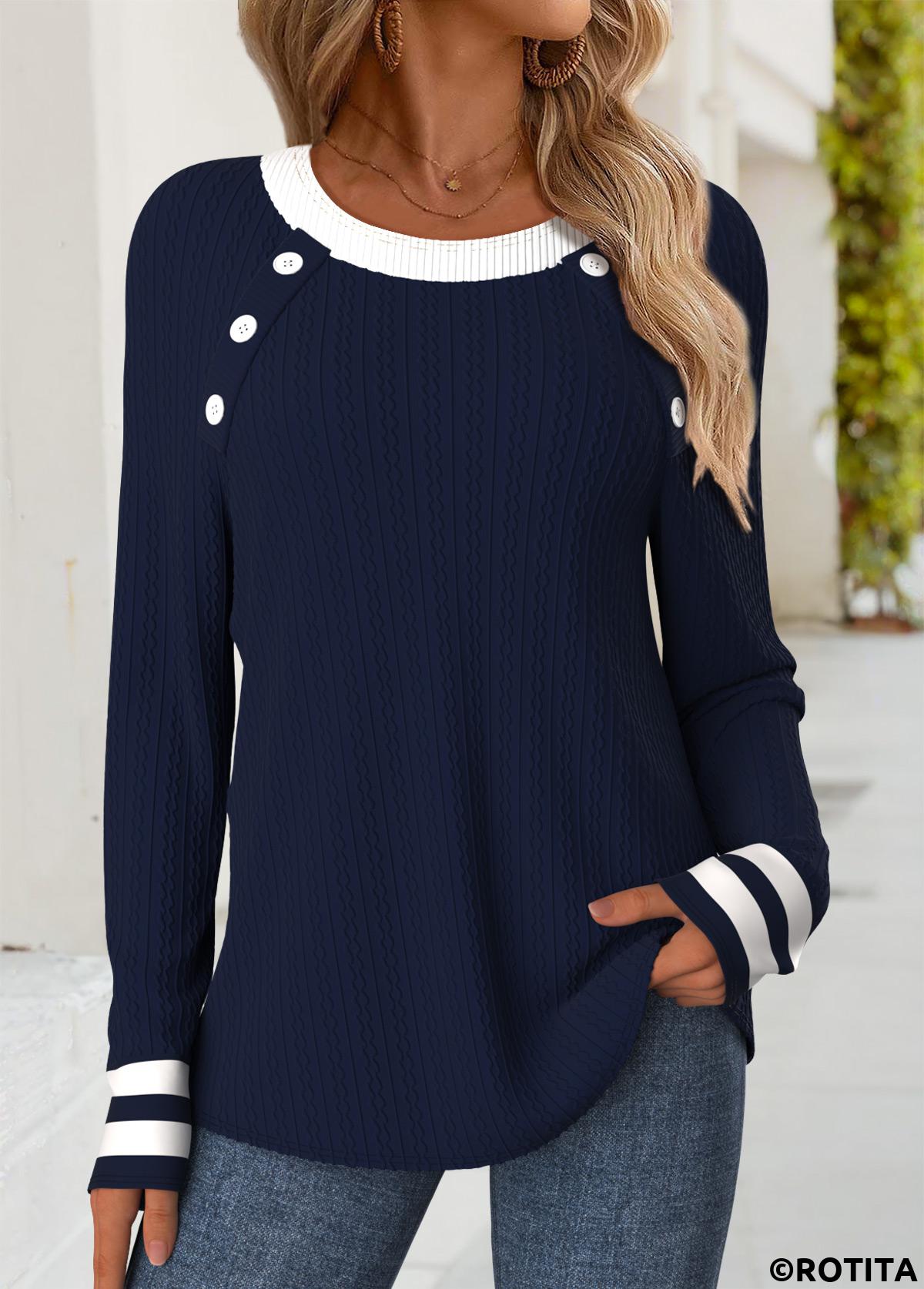 Navy tops,Striped tops,Geometric tops,ROTITA Tummy Coverage Striped Navy Round Neck T Shirt
