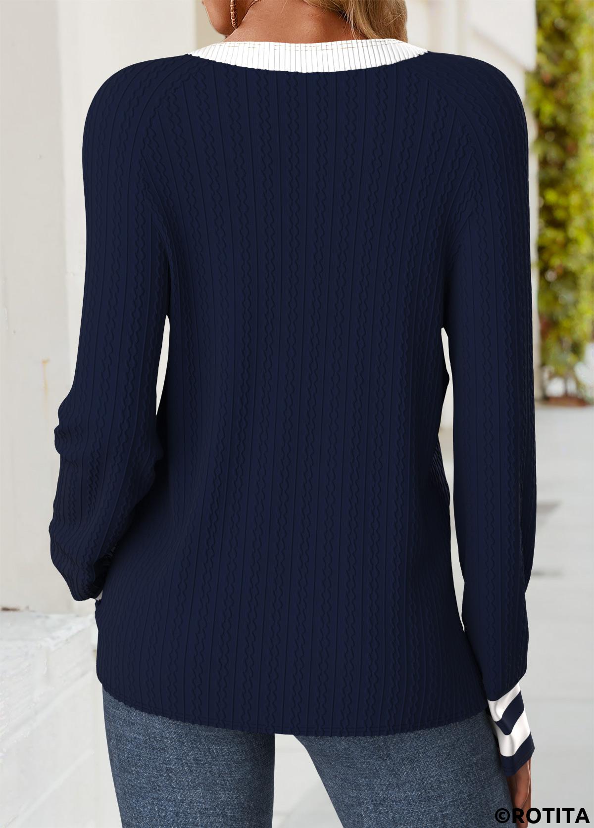 Navy tops,Striped tops,Geometric tops,ROTITA Tummy Coverage Striped Navy Round Neck T Shirt