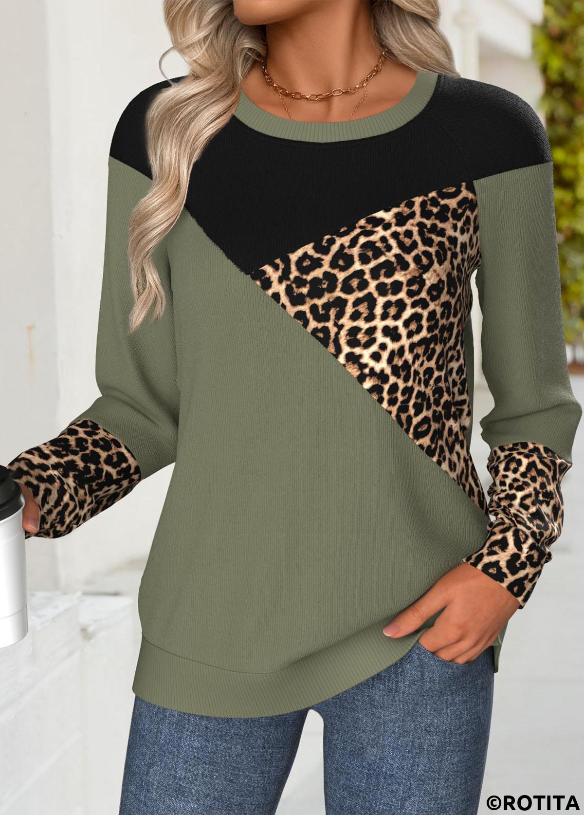 Olive Green tops,Leopard tops,Animal Print tops,ROTITA Tummy Coverage Leopard Olive Green Round Neck Sweatshirt