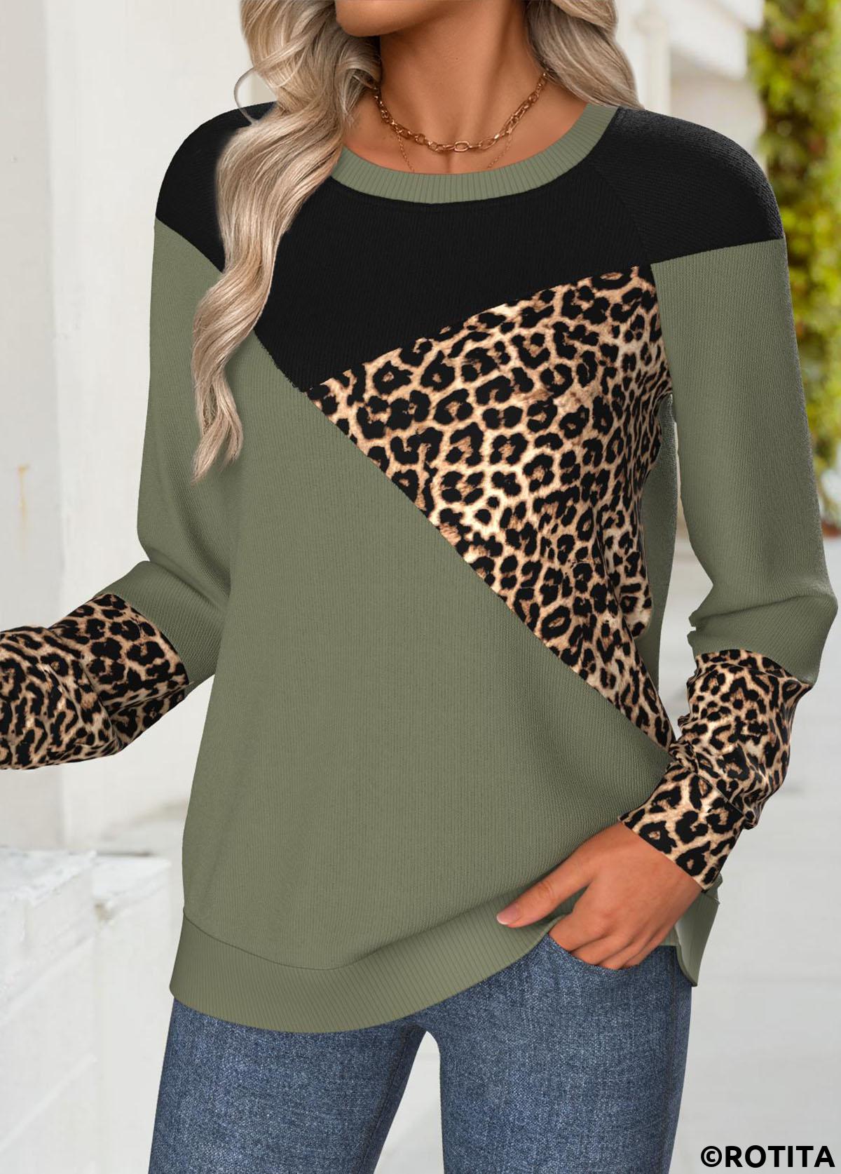Olive Green tops,Leopard tops,Animal Print tops,ROTITA Tummy Coverage Leopard Olive Green Round Neck Sweatshirt