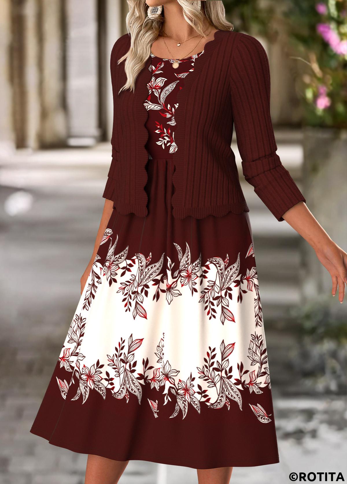 Wine Red dresses,Floral dresses,Plants dresses,Everyday dresses,Casual dresses,ROTITA Tummy Coverage Floral Print Wine Red Dress and Cardigan