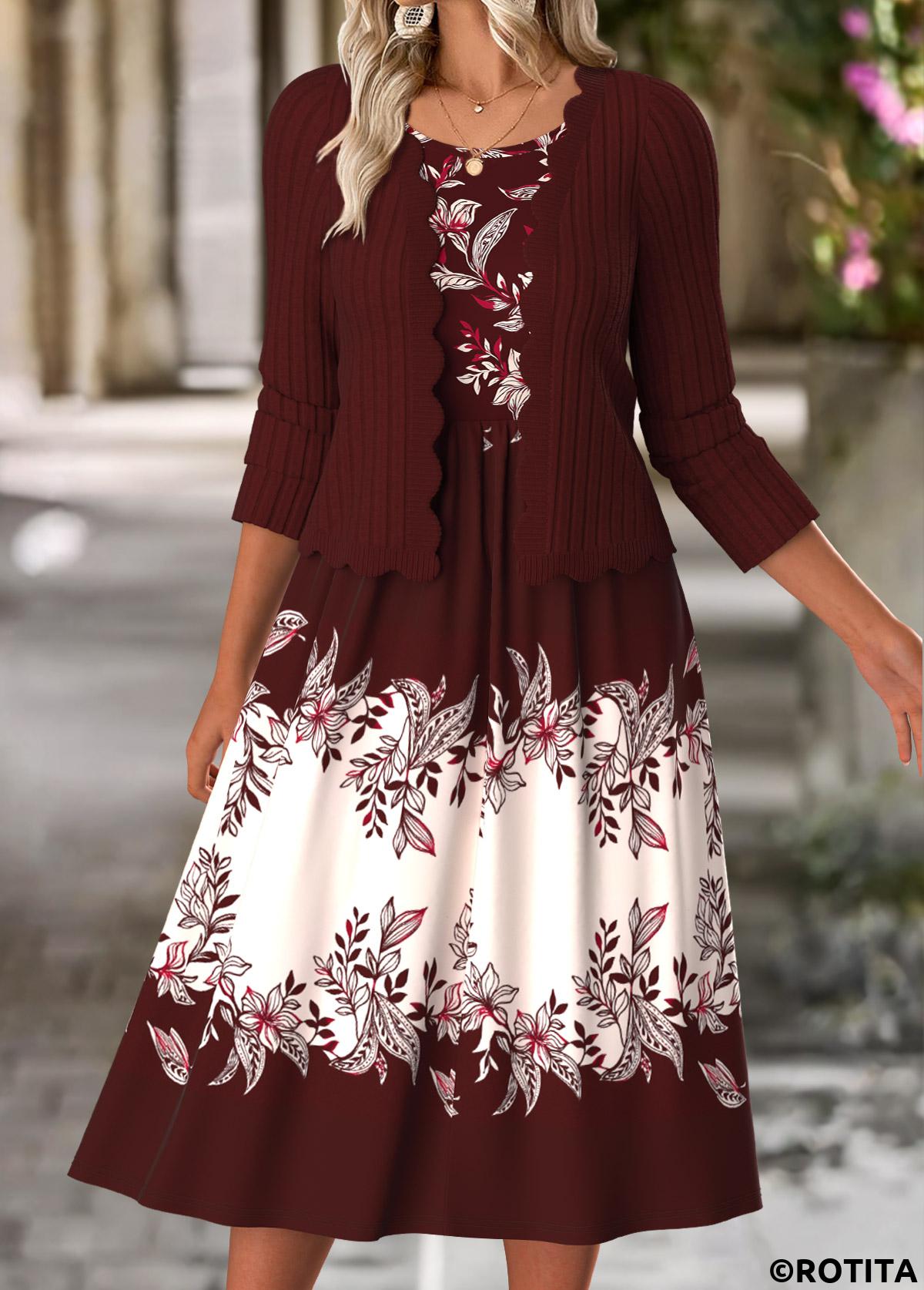 Wine Red dresses,Floral dresses,Plants dresses,Everyday dresses,Casual dresses,ROTITA Tummy Coverage Floral Print Wine Red Dress and Cardigan