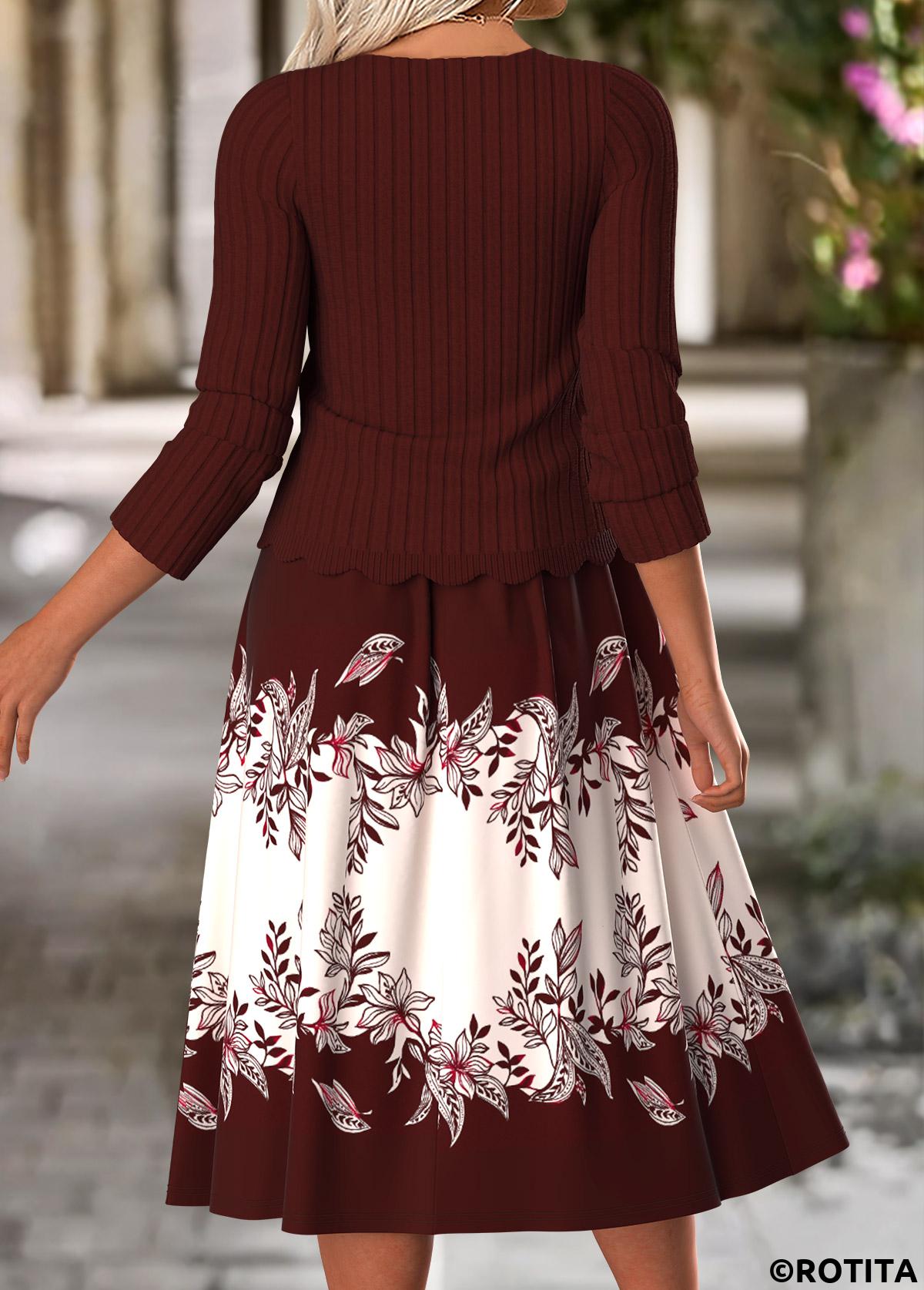 Wine Red dresses,Floral dresses,Plants dresses,Everyday dresses,Casual dresses,ROTITA Tummy Coverage Floral Print Wine Red Dress and Cardigan