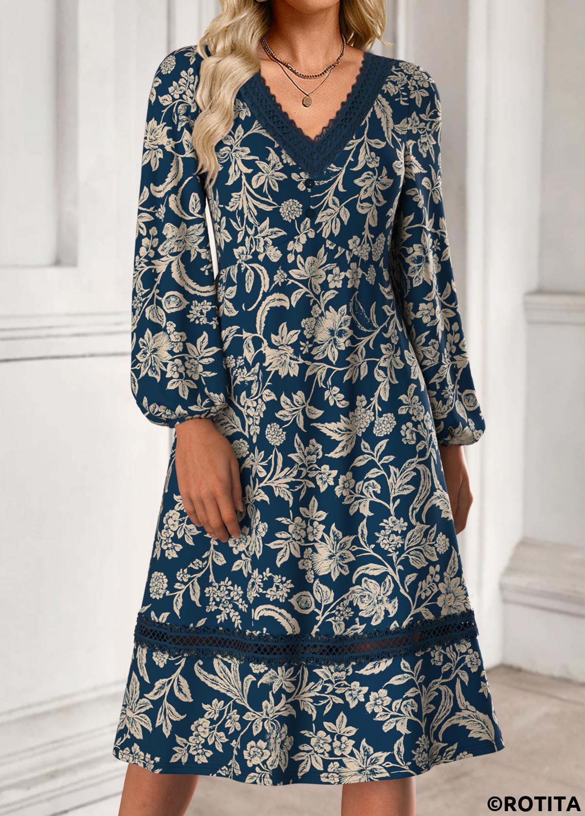 Blue dresses,Tribal dresses,Everyday dresses,Casual dresses,ROTITA Tummy Coverage Tribal Print Blue V Neck Dress