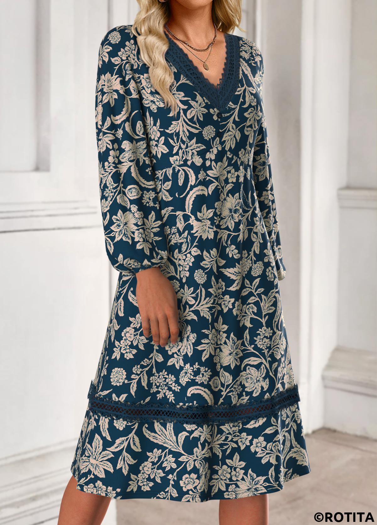 Blue dresses,Tribal dresses,Everyday dresses,Casual dresses,ROTITA Tummy Coverage Tribal Print Blue V Neck Dress