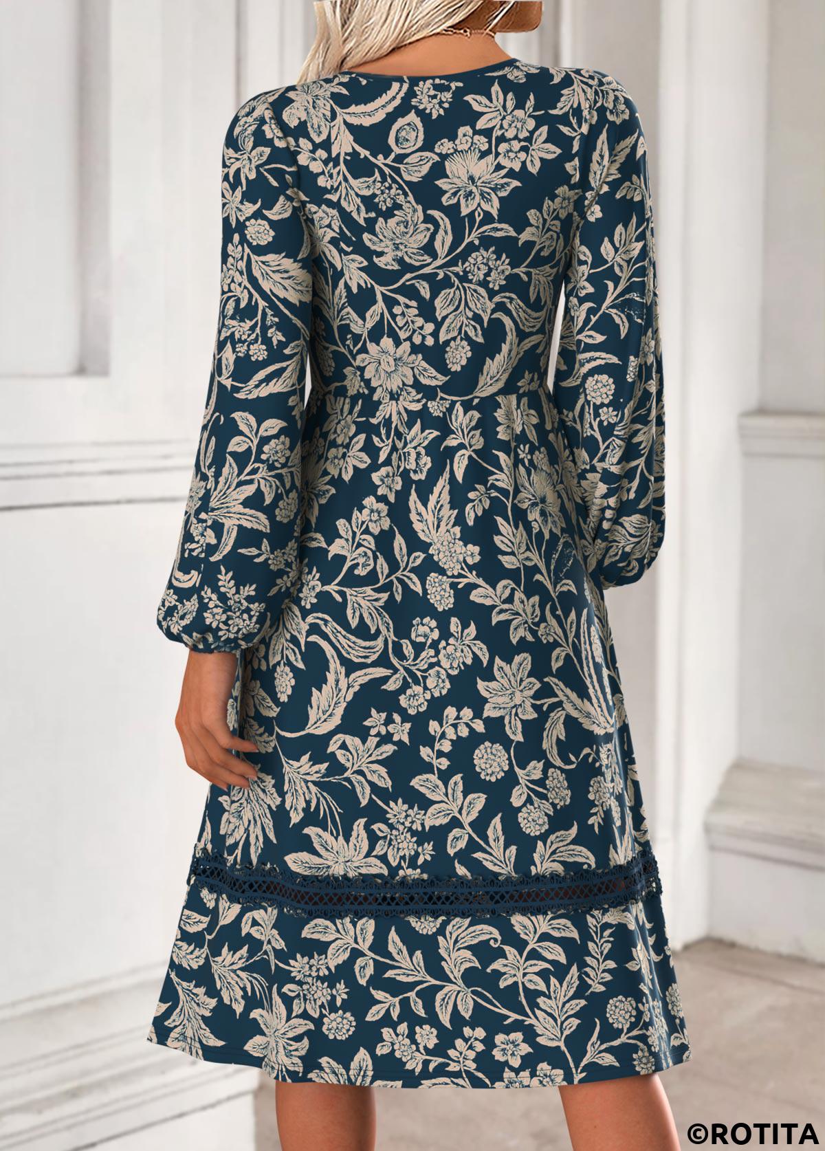 Blue dresses,Tribal dresses,Everyday dresses,Casual dresses,ROTITA Tummy Coverage Tribal Print Blue V Neck Dress