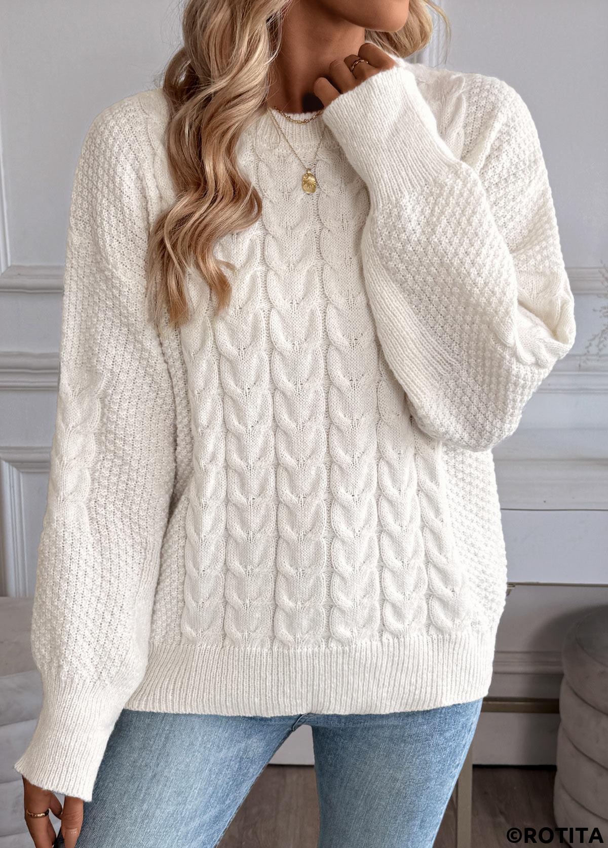 Beige tops,Plain Color tops,Beige Round Neck Long Sleeve Sweater