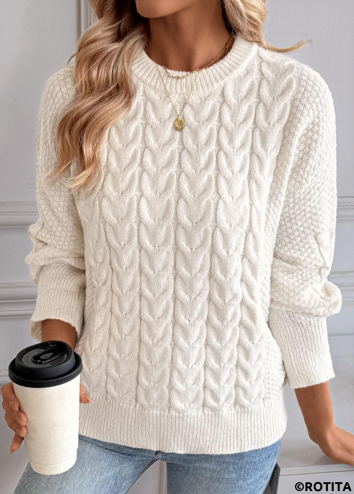 Beige tops,Plain Color tops,Beige Round Neck Long Sleeve Sweater