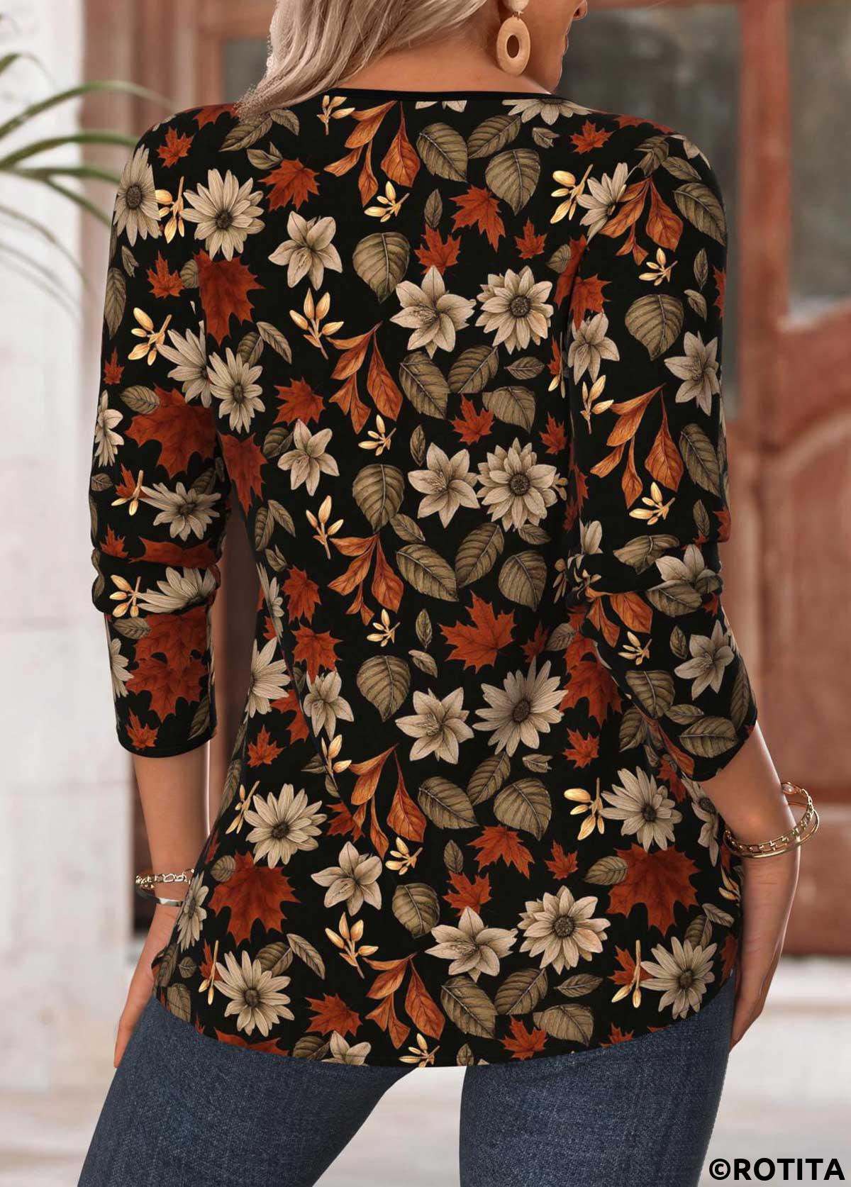 Black tops,Floral tops,Plants tops,ROTITA Tummy Coverage Floral Print Black Split Neck Blouse