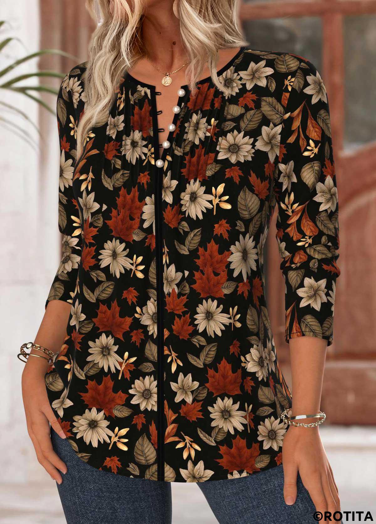 Black tops,Floral tops,Plants tops,ROTITA Tummy Coverage Floral Print Black Split Neck Blouse