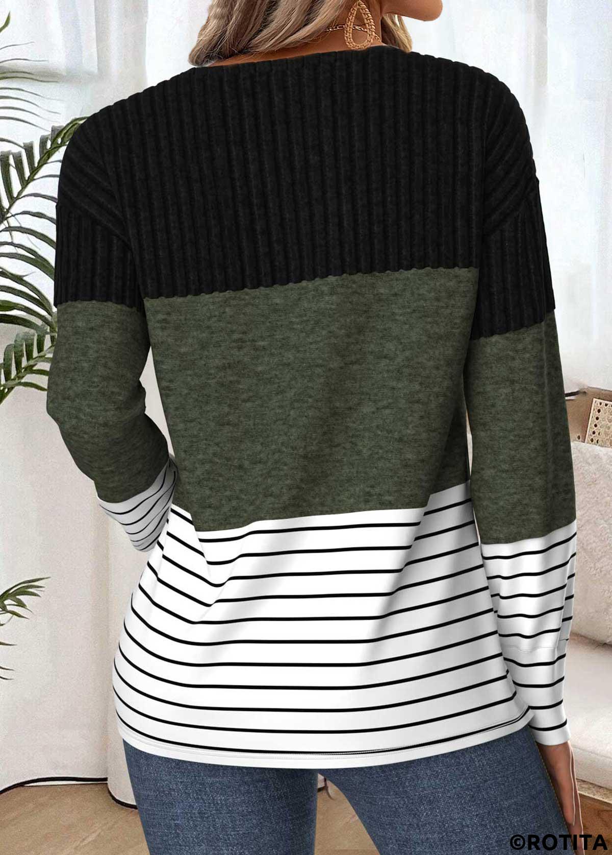 Olive Green tops,Striped tops,Geometric tops,Contrast Color tops,ROTITA Tummy Coverage Striped Olive Green V Neck T Shirt