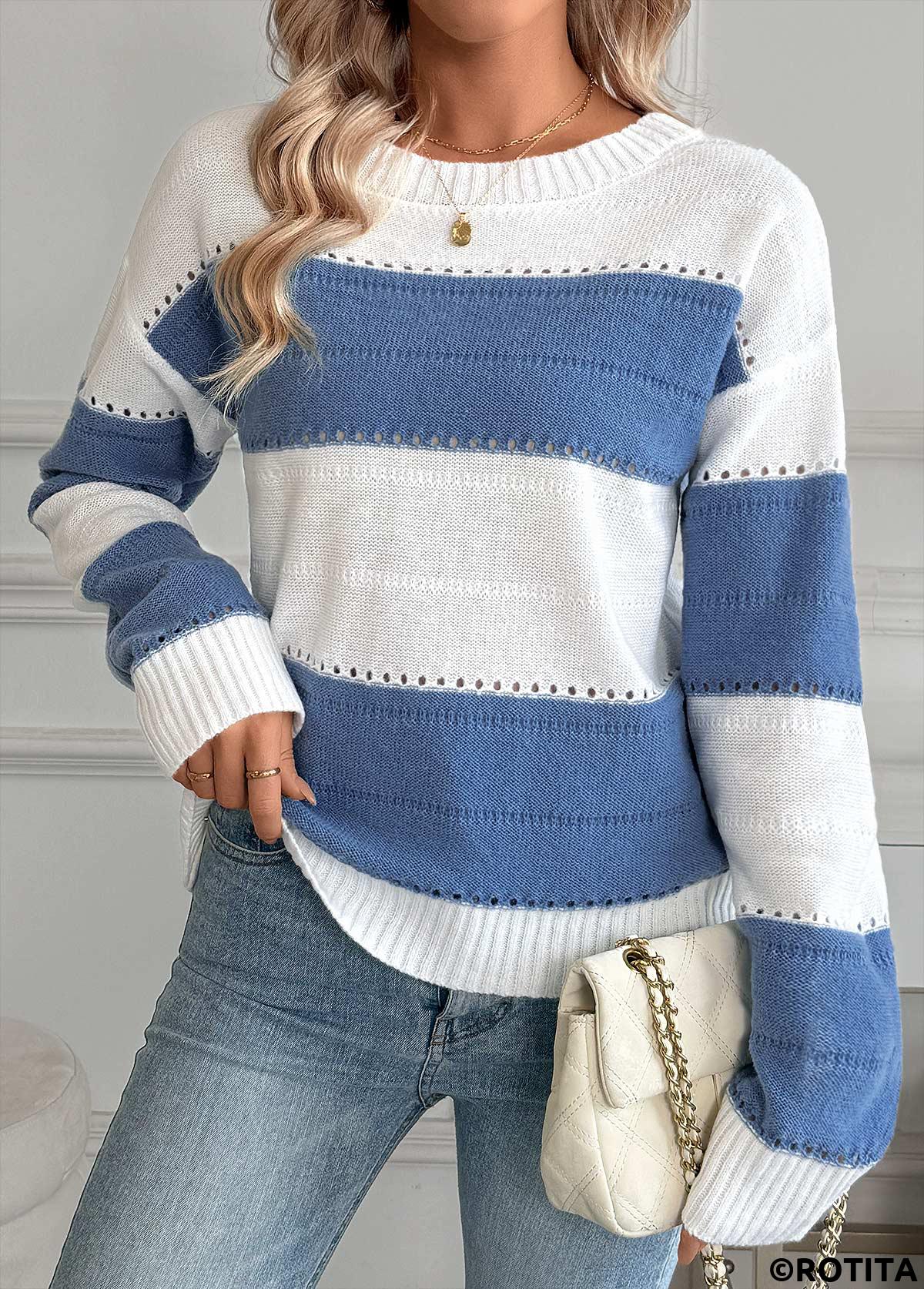 Blue tops,Striped tops,Geometric tops,Tummy Coverage Striped Blue Round Neck Long Sleeve Sweater