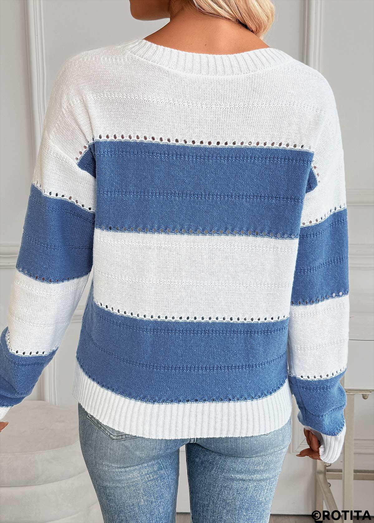 Blue tops,Striped tops,Geometric tops,Tummy Coverage Striped Blue Round Neck Long Sleeve Sweater