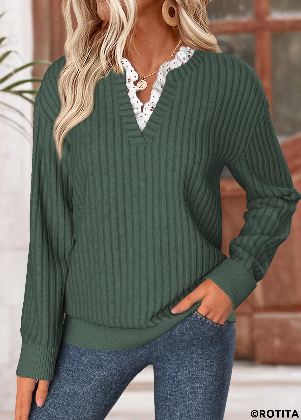 Green tops,Plain Color tops,ROTITA Frill Green Split Neck Long Sleeve Sweatshirt