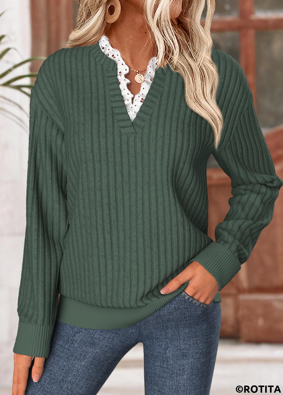 Green tops,Plain Color tops,ROTITA Frill Green Split Neck Long Sleeve Sweatshirt