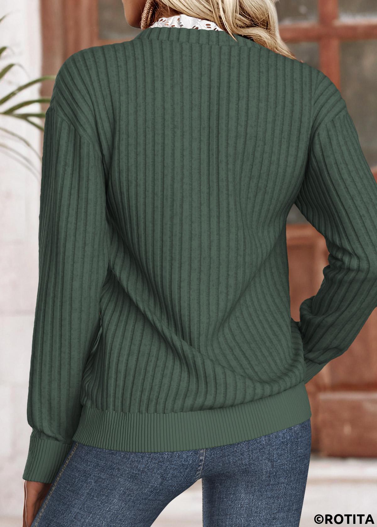 Green tops,Plain Color tops,ROTITA Frill Green Split Neck Long Sleeve Sweatshirt