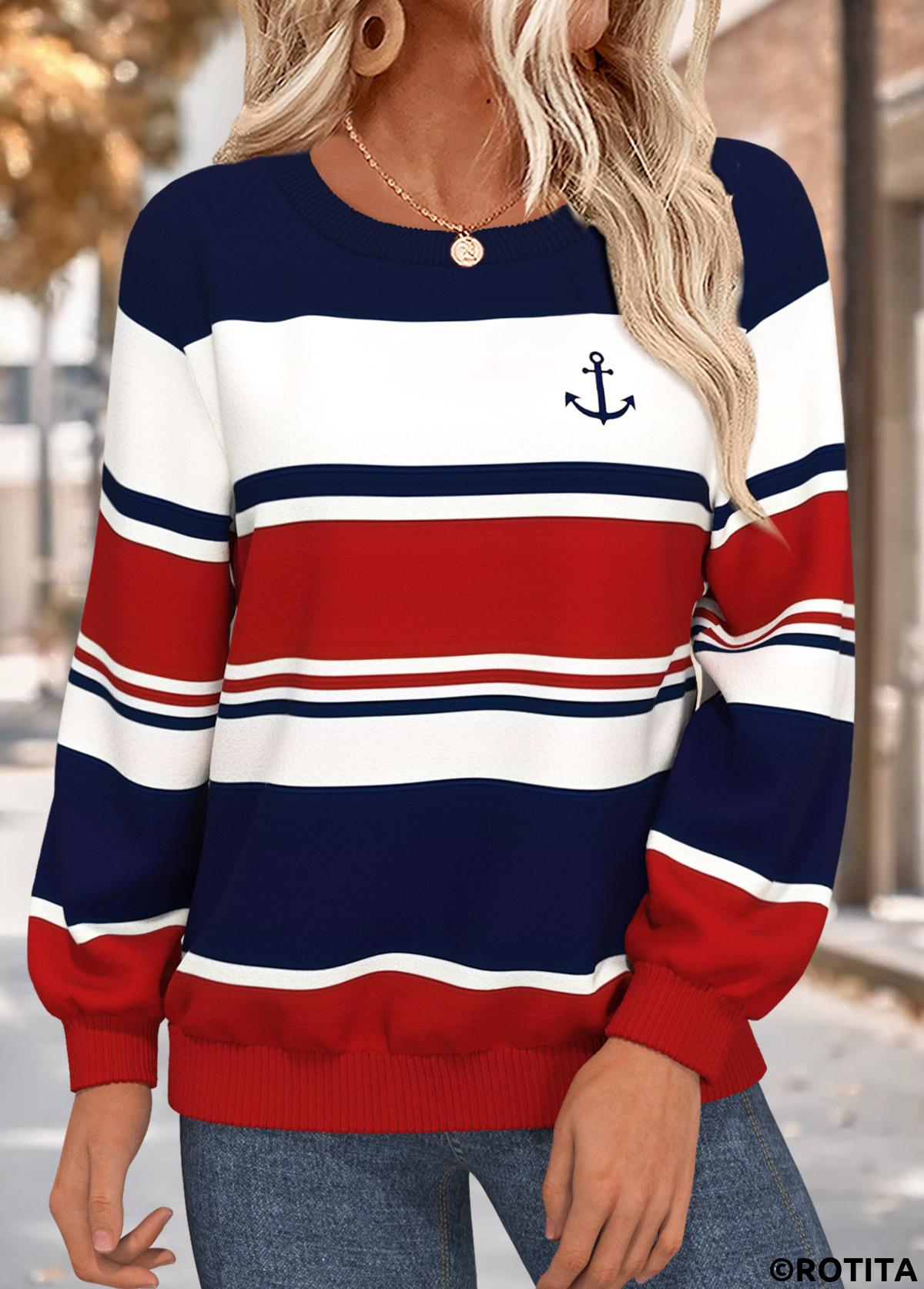 Multi Color tops,Geometric tops,ROTITA Tummy Coverage Geometric Print Multi Color Round Neck Sweatshirt