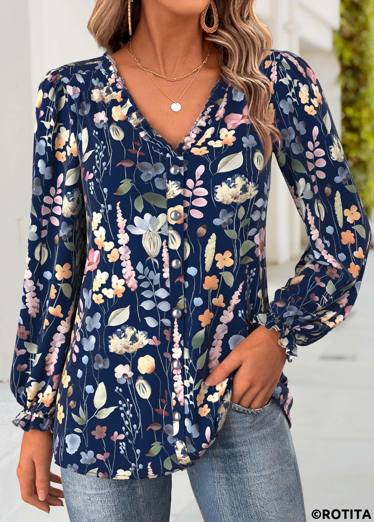 Navy tops,Floral tops,Plants tops,ROTITA Tummy Coverage Floral Print Navy V Neck Blouse