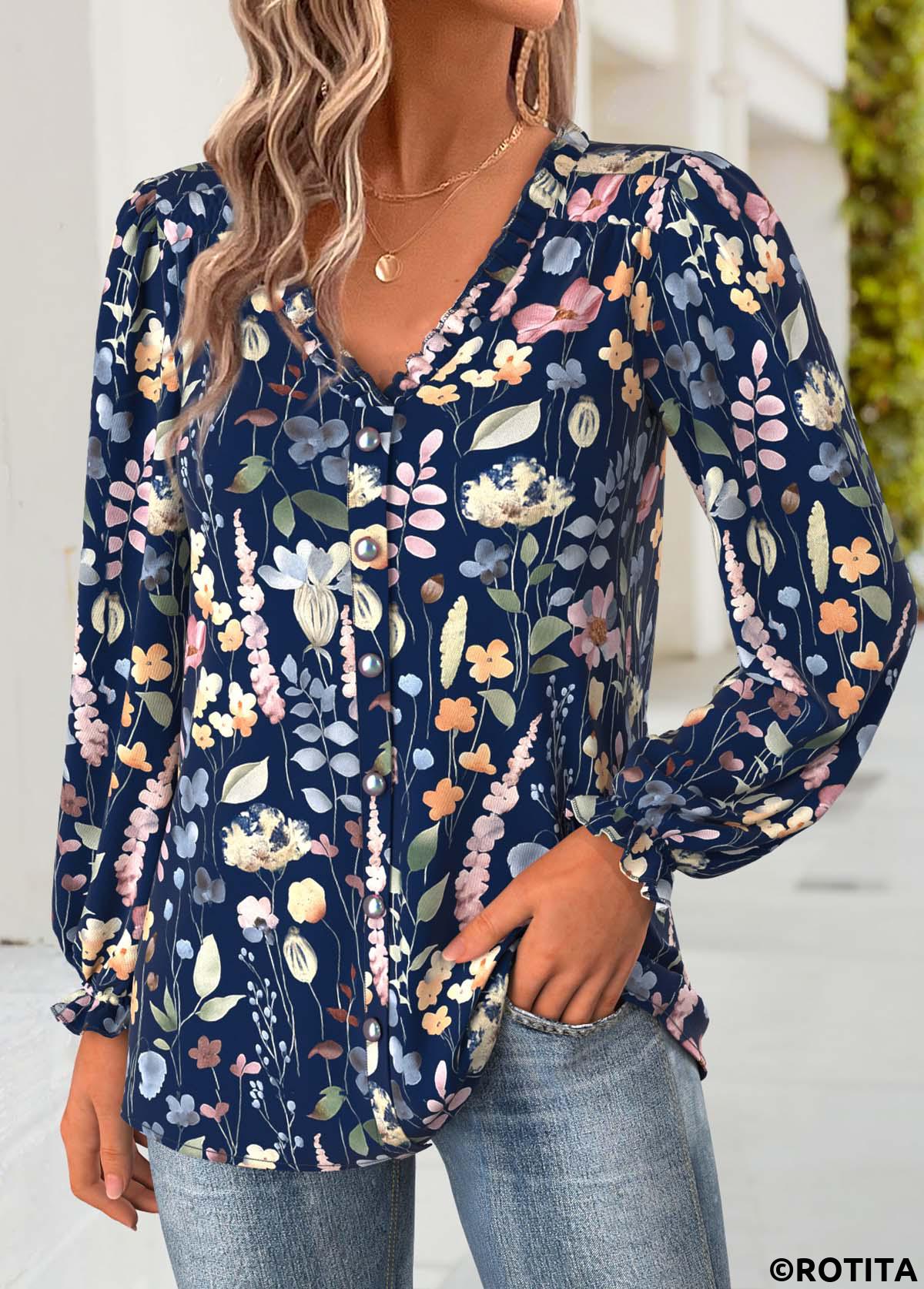 Navy tops,Floral tops,Plants tops,ROTITA Tummy Coverage Floral Print Navy V Neck Blouse