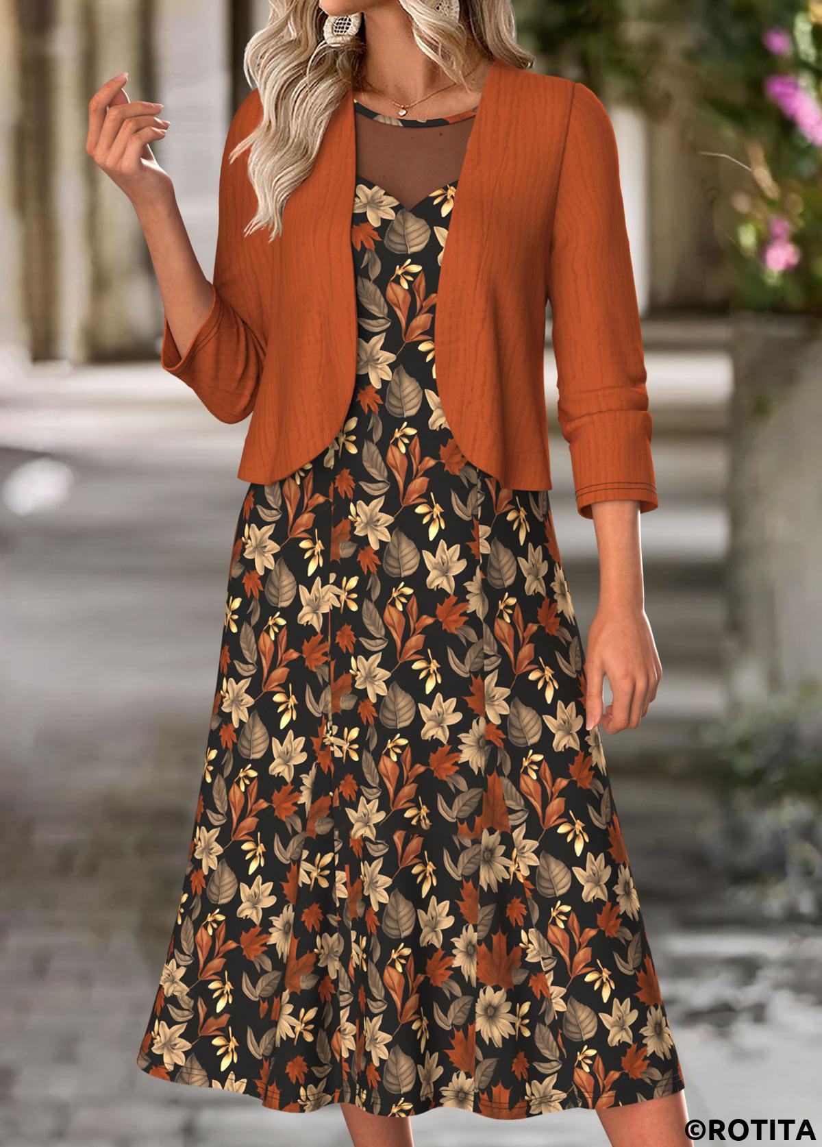 Terracotta dresses,Floral dresses,Plants dresses,Everyday dresses,Casual dresses,ROTITA Tummy Coverage Floral Print Terracotta Dress and Cardigan