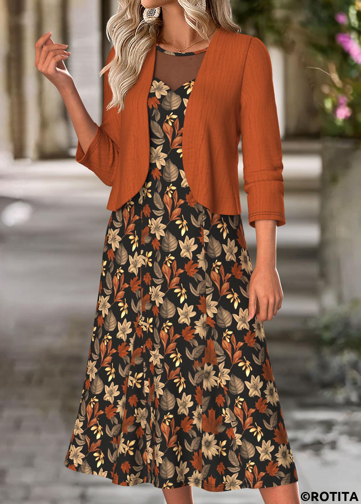 Terracotta dresses,Floral dresses,Plants dresses,Everyday dresses,Casual dresses,ROTITA Tummy Coverage Floral Print Terracotta Dress and Cardigan