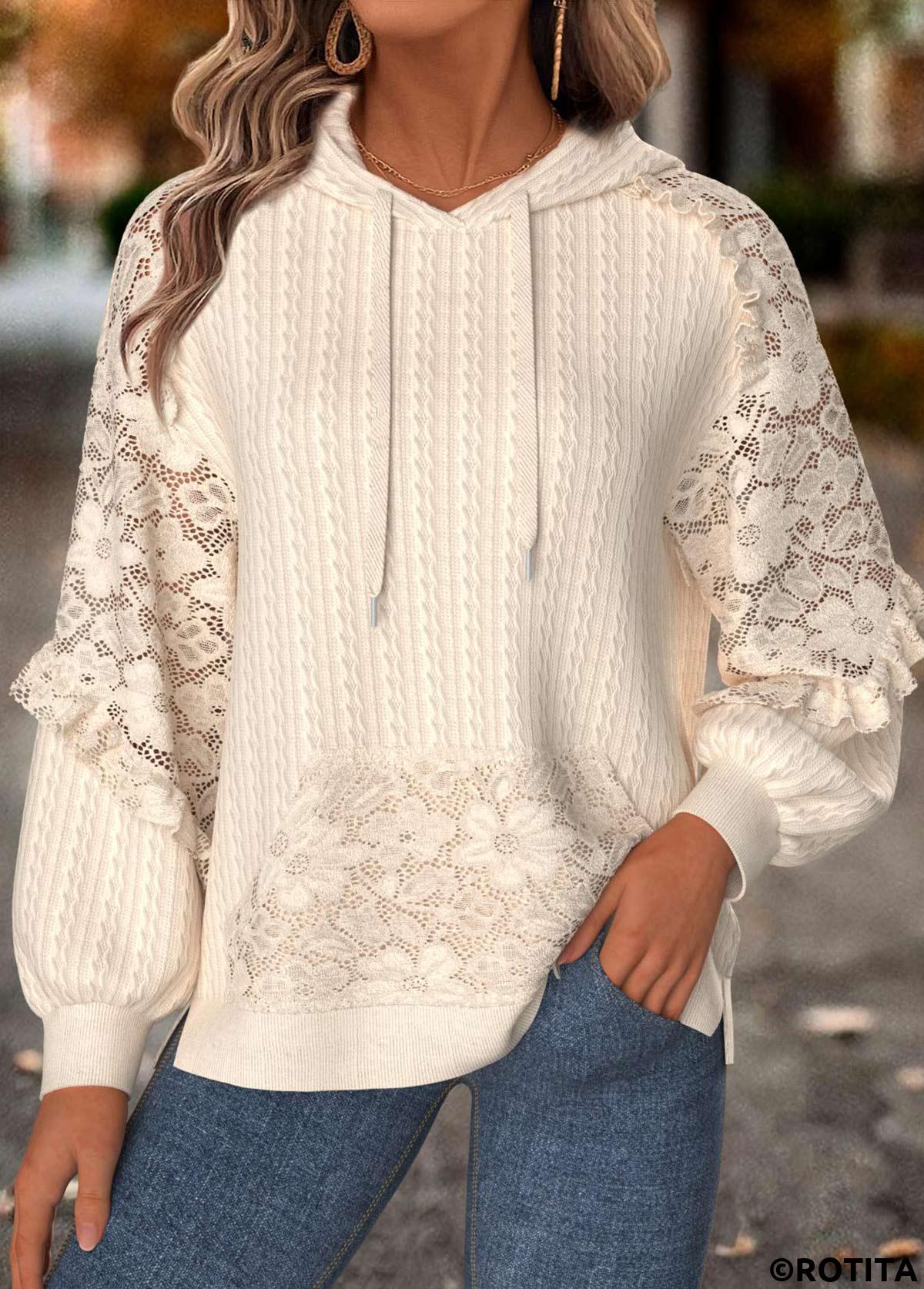 Beige tops,Plain Color tops,ROTITA Tummy Coverage Beige Long Sleeve Hoodie