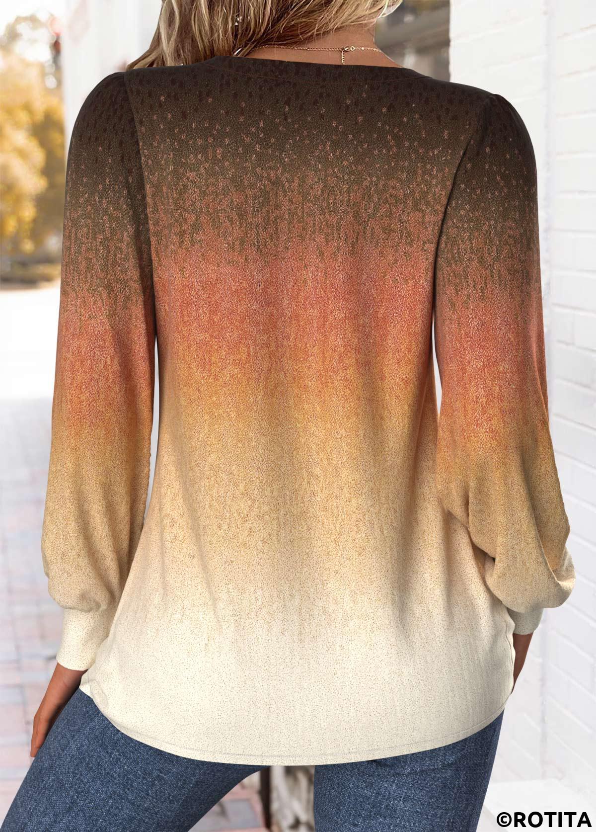 Multi Color tops,Ombre tops,ROTITA Tuck Stitch Ombre Multi Color V Neck T Shirt