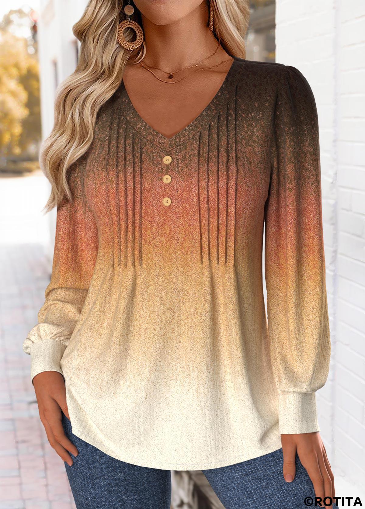Multi Color tops,Ombre tops,ROTITA Tuck Stitch Ombre Multi Color V Neck T Shirt