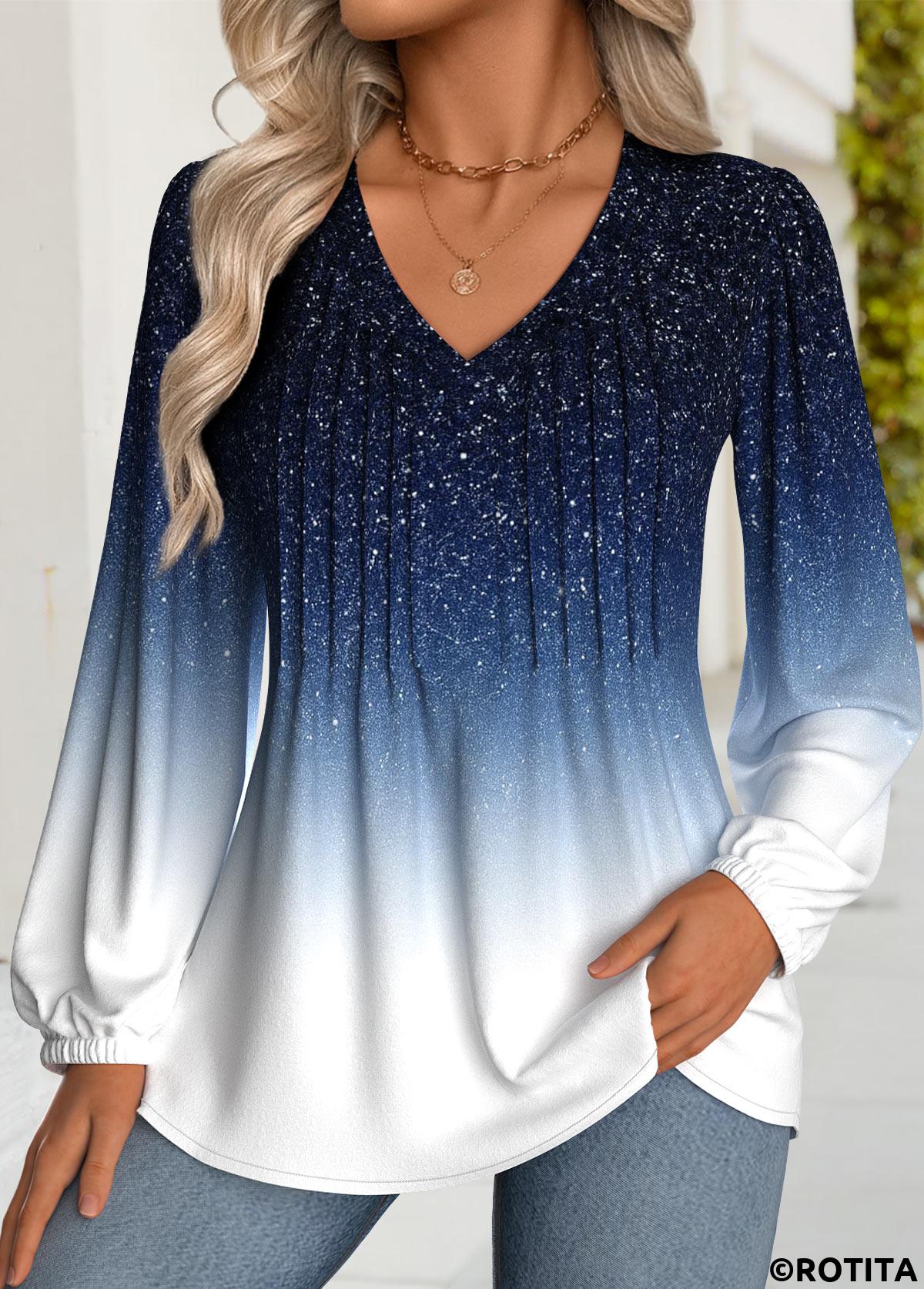 Dark Blue tops,Ombre tops,ROTITA Tummy Coverage Ombre Dark Blue V Neck T Shirt