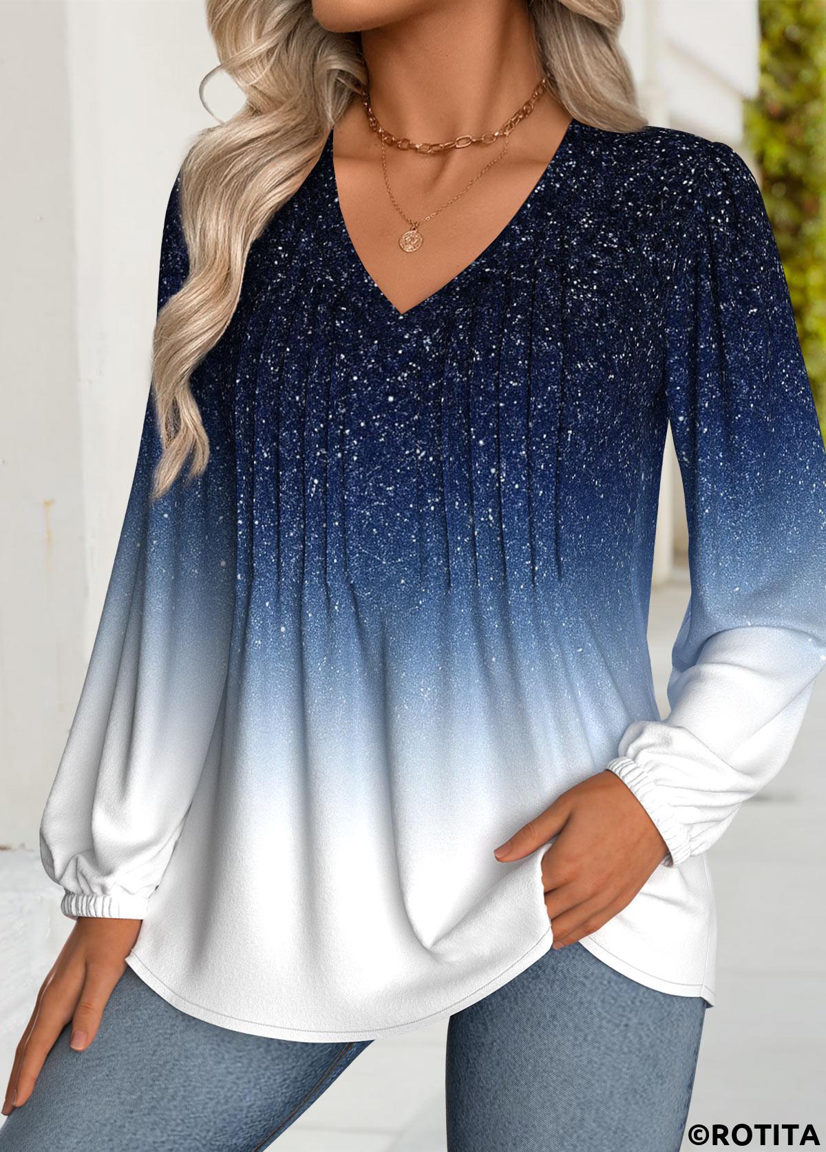 Dark Blue tops,Ombre tops,ROTITA Tummy Coverage Ombre Dark Blue V Neck T Shirt