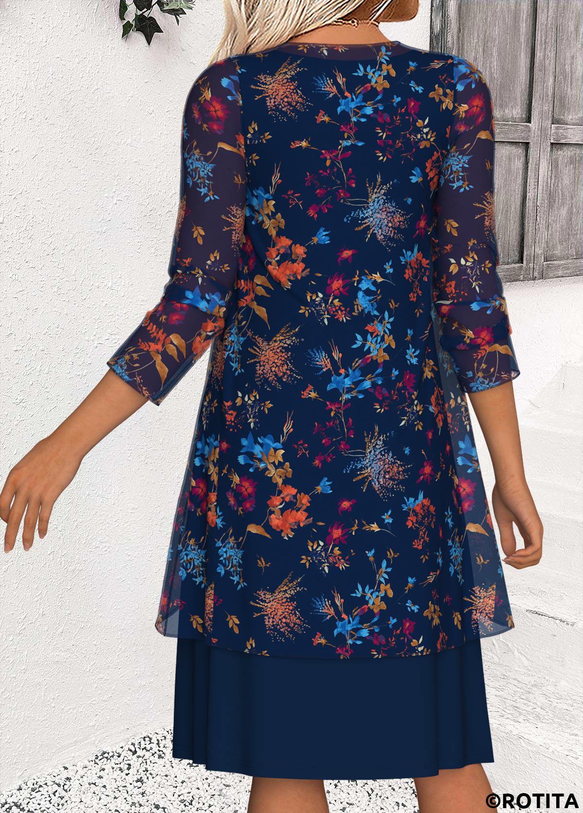 Navy dresses,Ditsy Floral dresses,Casual dresses,ROTITA Tummy Coverage Ditsy Floral Print Navy Dress and Cardigan