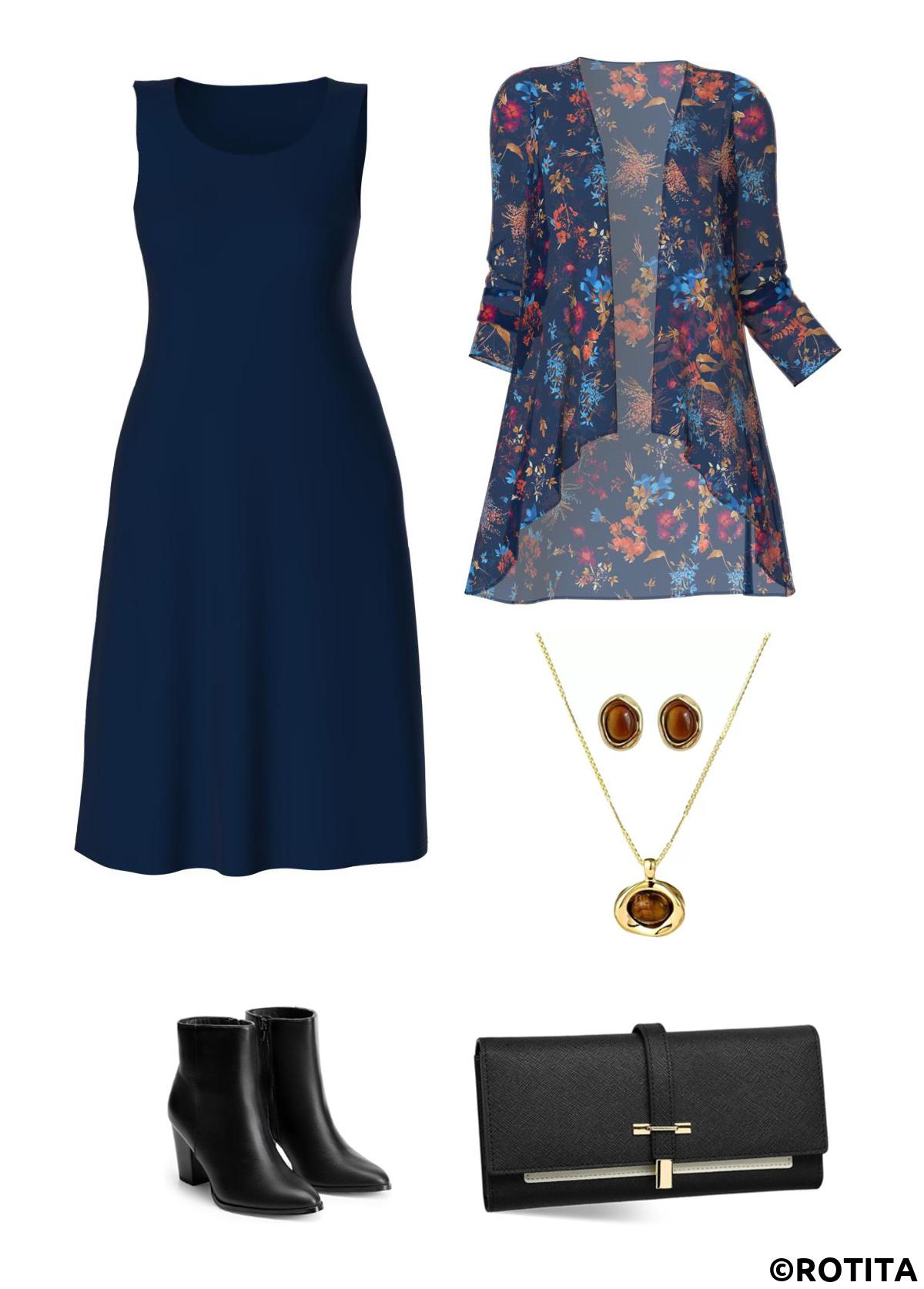 Navy dresses,Ditsy Floral dresses,Everyday dresses,Casual dresses,ROTITA Tummy Coverage Ditsy Floral Print Navy Dress and Cardigan