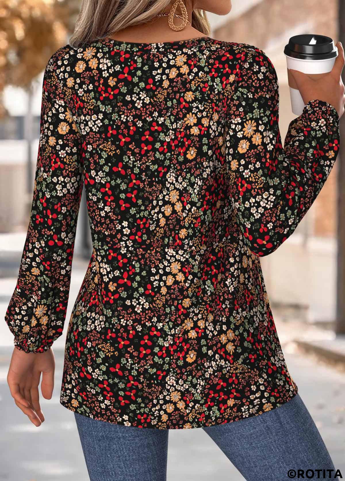 Multi Color tops,Floral tops,Plants tops,ROTITA Peplum Floral Print Multi Color Split Neck Blouse